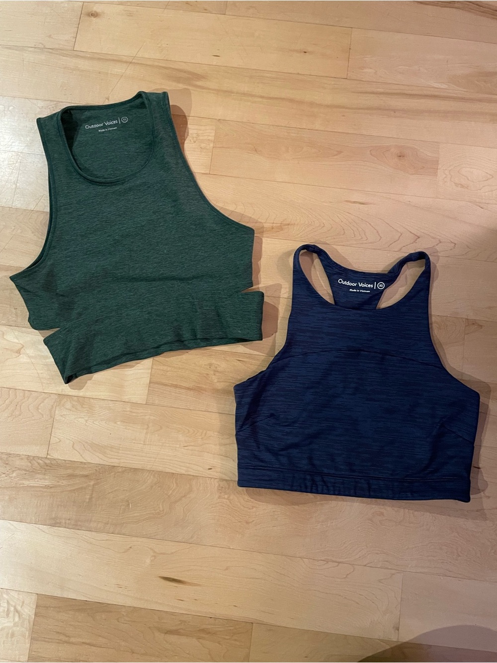 Outdoor Voices Racerback Crop Tanks in Forest Green & Navy